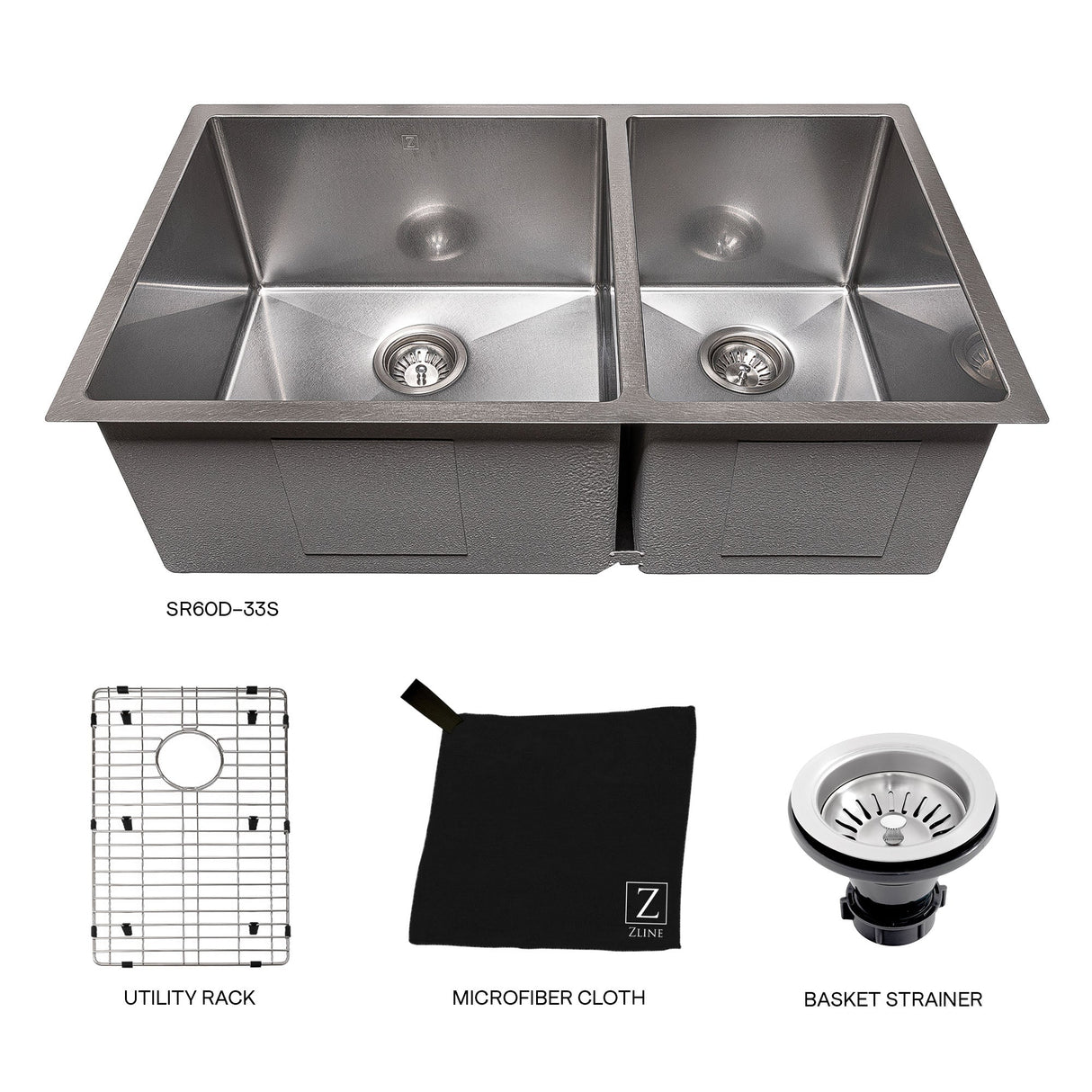 ZLINE 33 in. Chamonix Undermount Double Bowl Satin Stainless Steel Kitchen Sink with Bottom Grid (SR60D-33S)