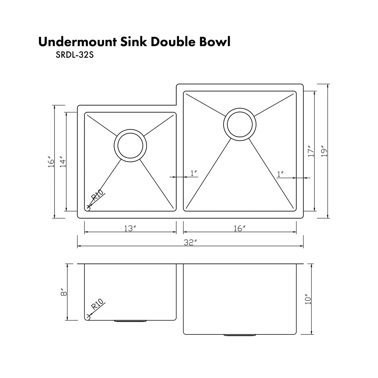 ZLINE 32 in. Jackson Undermount Double Bowl Stainless Steel Kitchen Sink with Bottom Grid (SRDR-32)