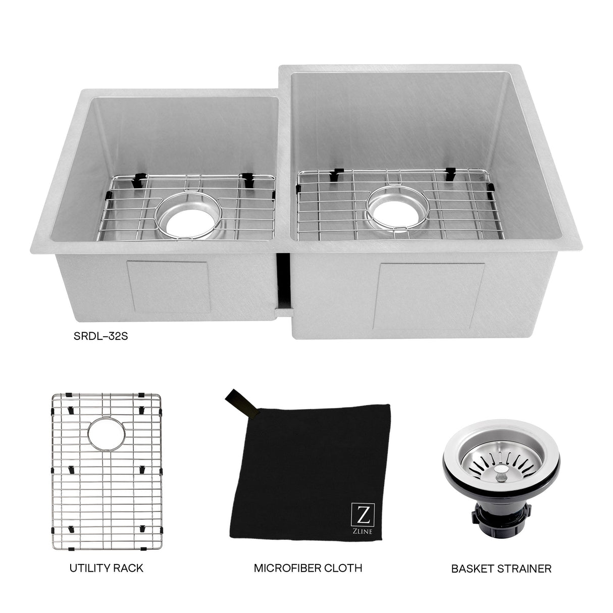 ZLINE 32 in. Jackson Undermount Double Bowl Satin Stainless Steel Kitchen Sink with Bottom Grid (SRDL-32S)