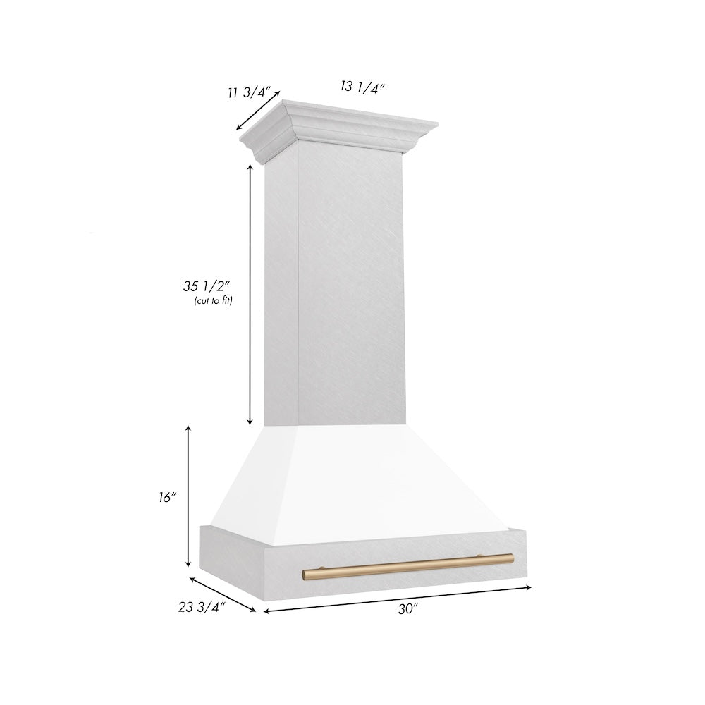 ZLINE Autograph Edition 30" Fingerprint Resistant Stainless Steel Range Hood with White Matte Shell and Champagne Bronze Handle (8654SNZ-WM30-CB)