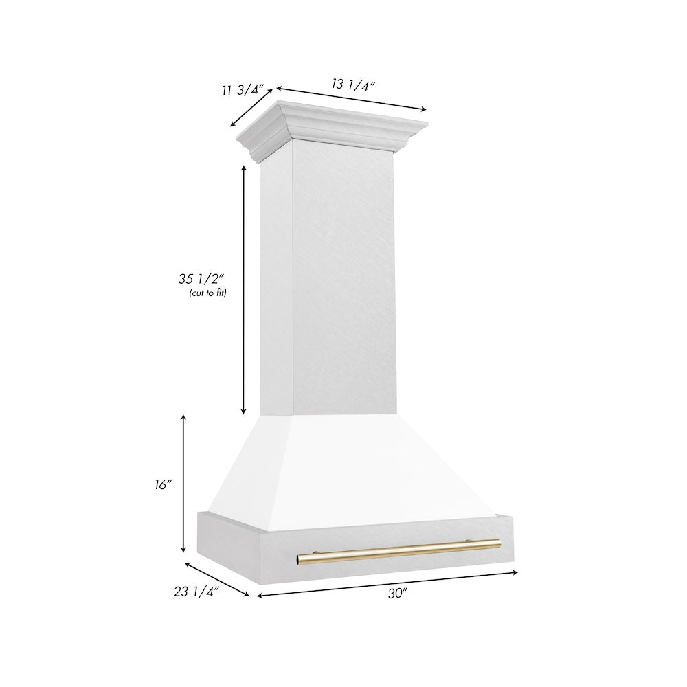 ZLINE Autograph Edition 30" Fingerprint Resistant Stainless Steel Range Hood with White Matte Shell and Polished Gold Handle (8654SNZ-WM30-G)