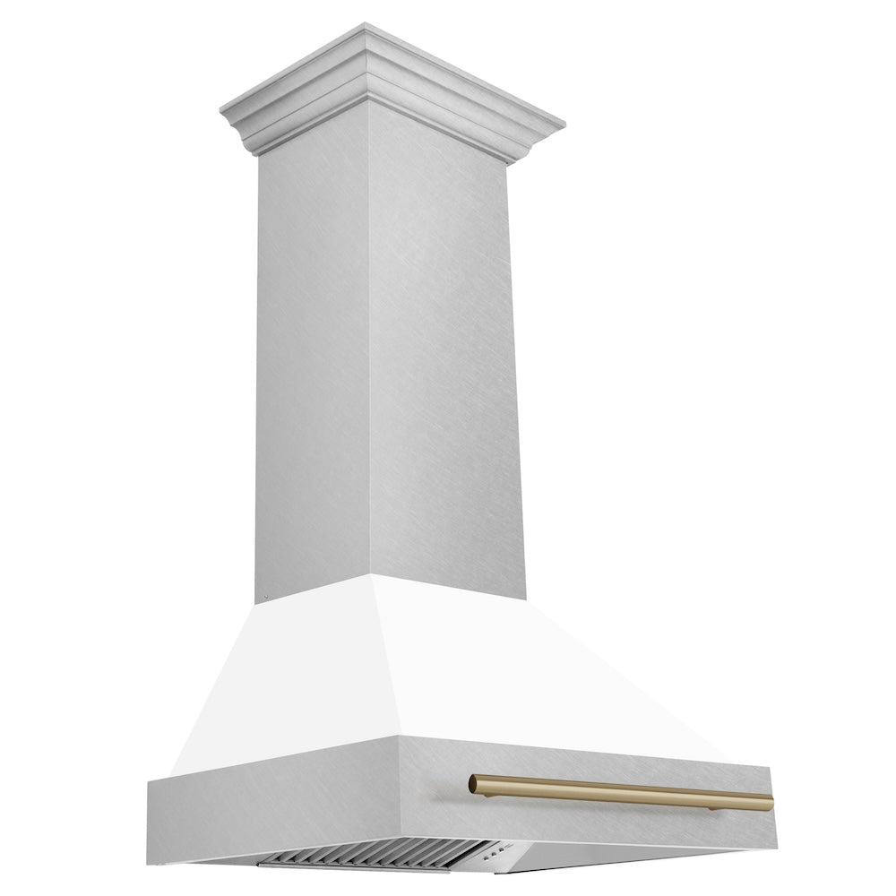 ZLINE Autograph Edition 30" Fingerprint Resistant Stainless Steel Range Hood with White Matte Shell and Champagne Bronze Handle (8654SNZ-WM30-CB)