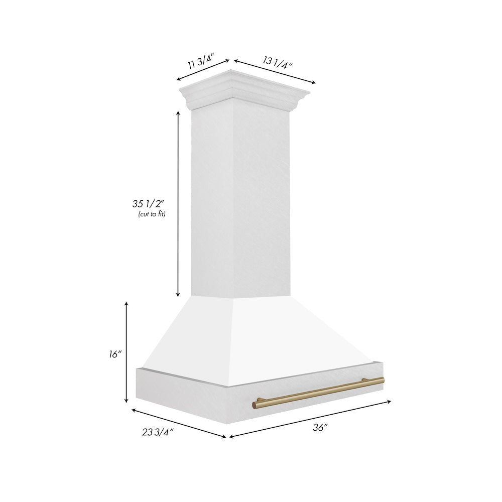 ZLINE Autograph Edition 36" Fingerprint Resistant Stainless Steel Range Hood with White Matte Shell and Champagne Bronze Handle (8654SNZ-WM36-CB)