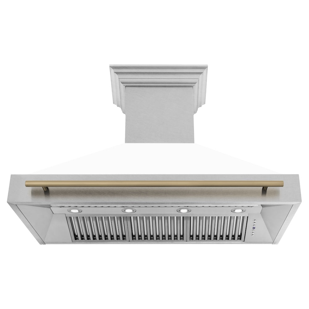 ZLINE Autograph Edition 48" Fingerprint Resistant Stainless Steel Range Hood with White Matte Shell and Champagne Bronze Handle (8654SNZ-WM48-CB)