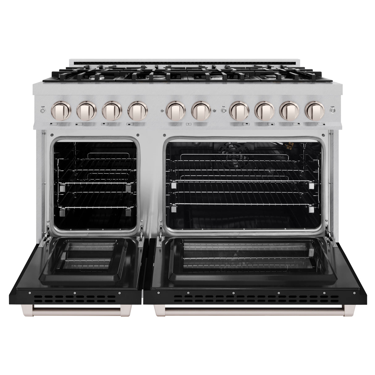 ZLINE 48 in. 6.7 cu. ft. Select Double Oven Gas Range with 8 Burner Cooktop in Satin Stainless Steel with Black Matte Doors (HGRS-BLM-48)