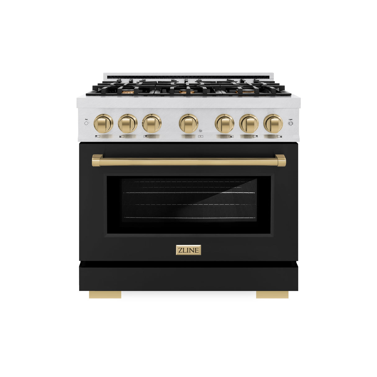 ZLINE Autograph Edition 36 in. 5.2 cu. ft. Select Dual Fuel Range with 6 Burner Gas Cooktop and Electric Convection Oven in Satin Stainless Steel with Black Matte Door and Champagne Bronze Accents (HDRSZ-BLM-36-CB)