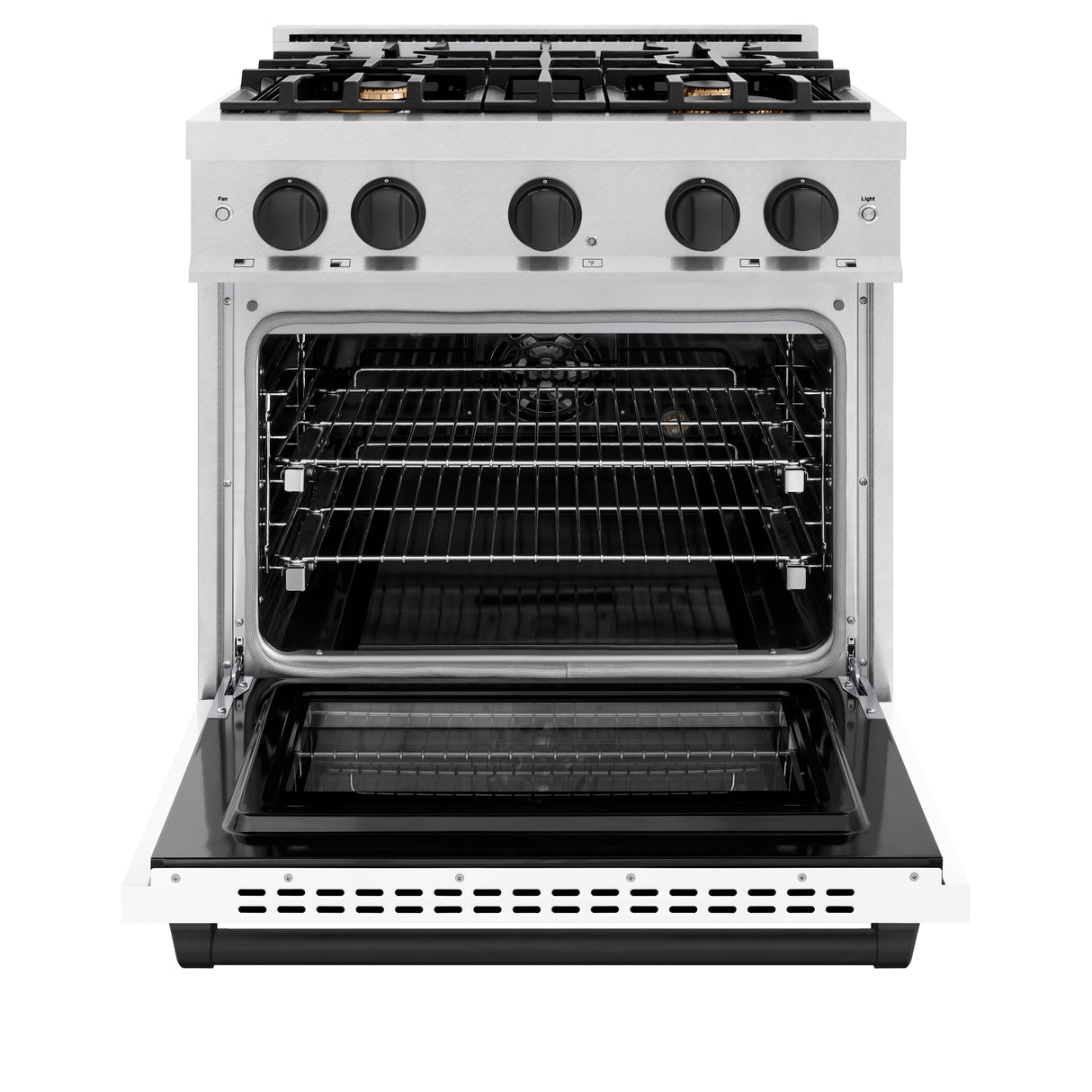 ZLINE Autograph Edition 30 in. 4.2 cu. ft. Select Dual Fuel Range with 4 Burner Gas Cooktop and Electric Convection Oven in Satin Stainless Steel with White Matte Door and Matte Black Accents (HDRSZ-WM-30-MB)