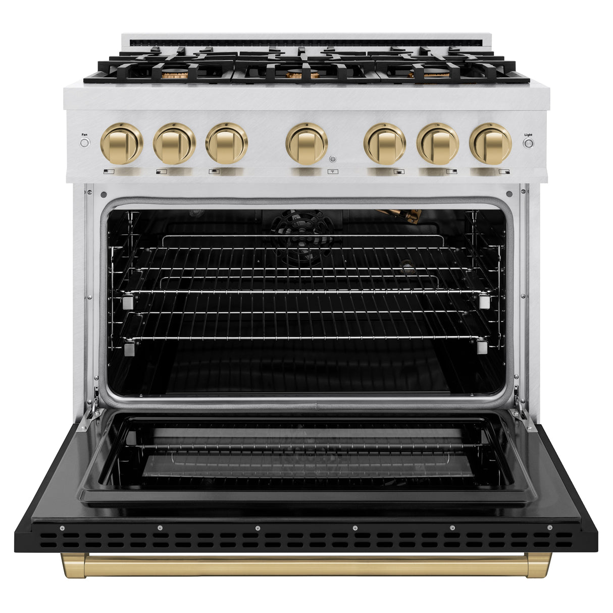 ZLINE Autograph Edition 36 in. 5.2 cu. ft. Select Gas Range with 6 Burner Cooktop and Convection Gas Oven in Satin Stainless Steel with Black Matte Door and Champagne Bronze Accents (HGRSZ-BLM-36-CB)