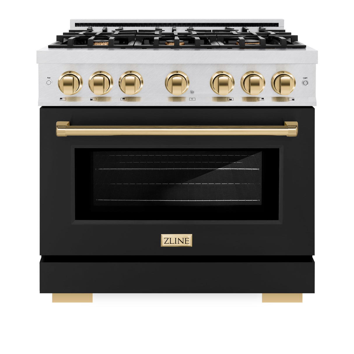 ZLINE Autograph Edition 36 in. 5.2 cu. ft. Select Dual Fuel Range with 6 Burner Gas Cooktop and Electric Convection Oven in Satin Stainless Steel with Black Matte Door and Polished Gold Accents (HDRSZ-BLM-36-G)