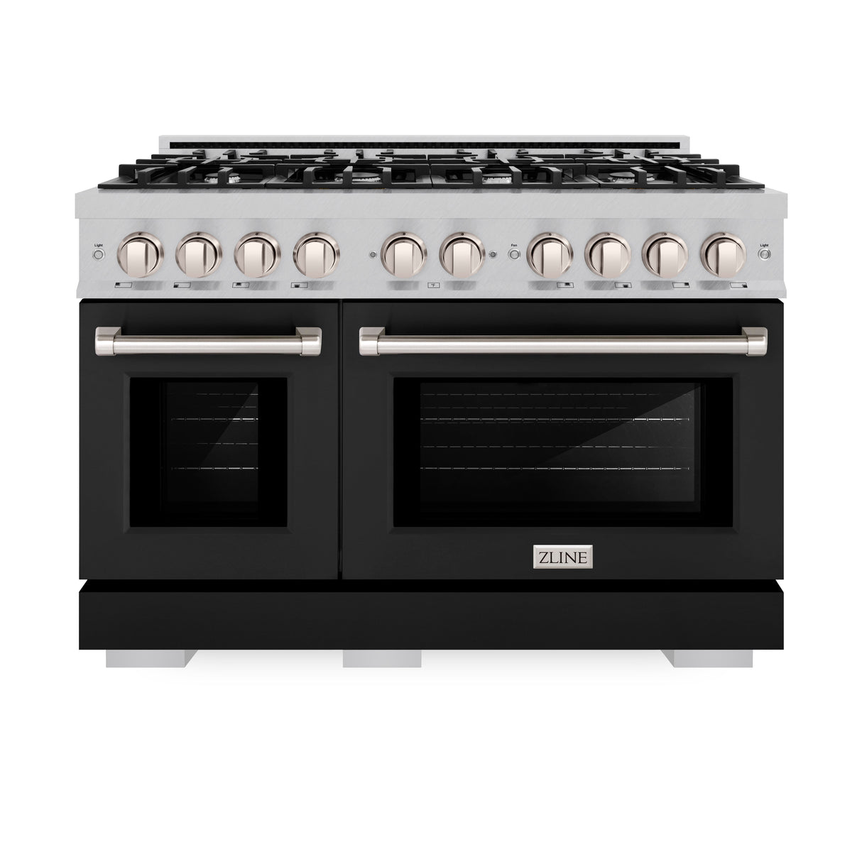 ZLINE 48 in. 6.7 cu. ft. Select Double Oven Gas Range with 8 Burner Cooktop in Satin Stainless Steel with Black Matte Doors (HGRS-BLM-48)