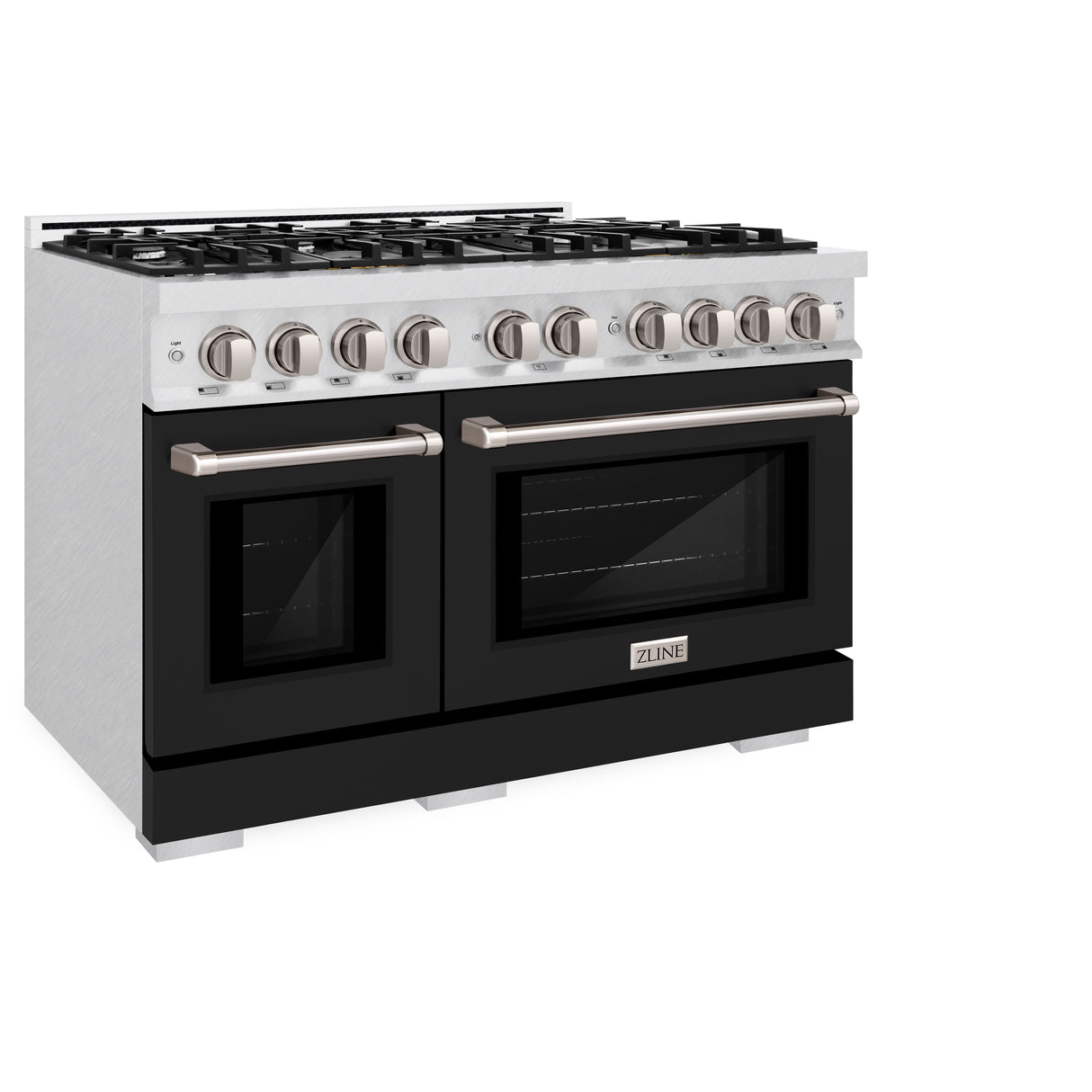 ZLINE 48 in. 6.7 cu. ft. Select Double Oven Gas Range with 8 Burner Cooktop in Satin Stainless Steel with Black Matte Doors (HGRS-BLM-48)