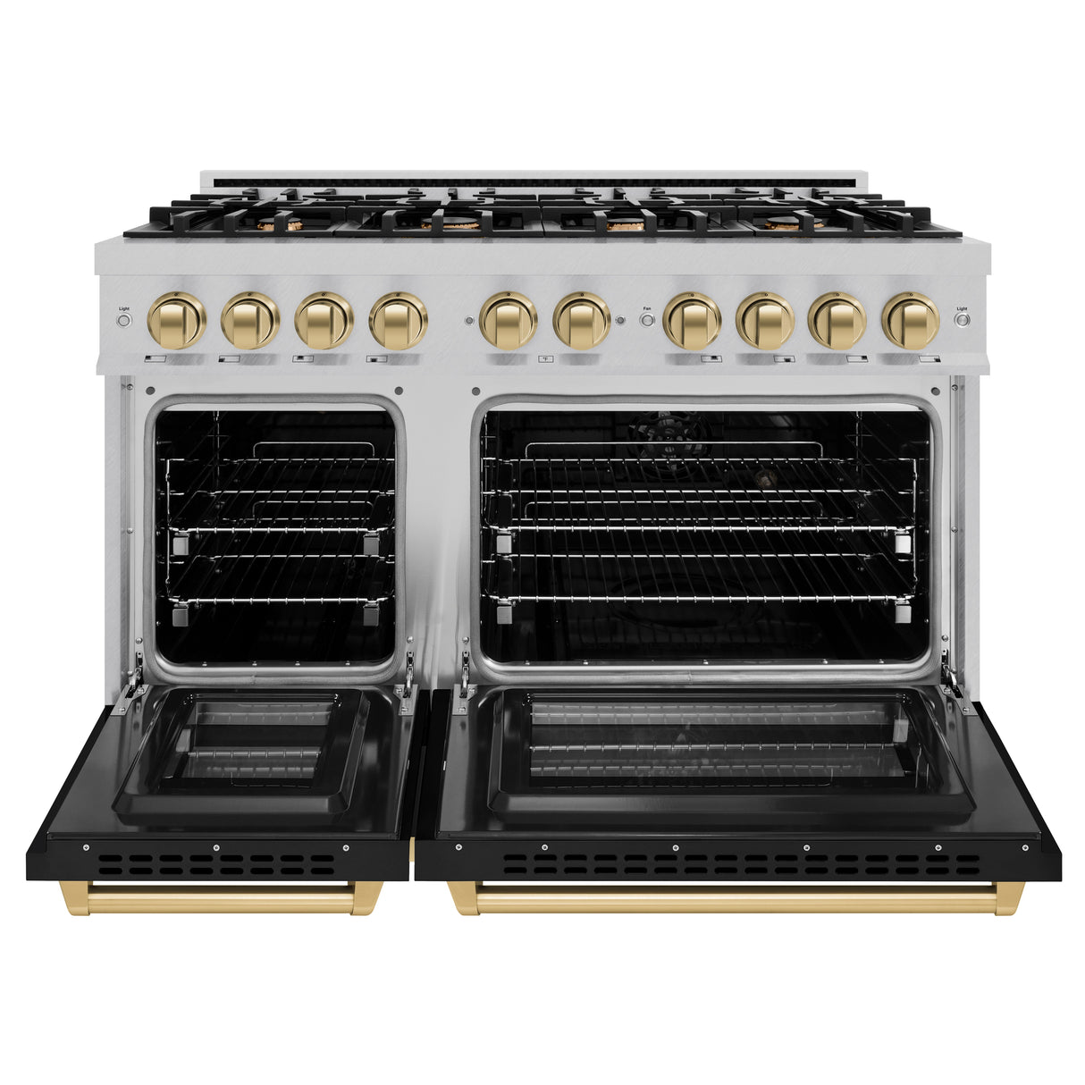 ZLINE Autograph Edition 48 in. 6.7 cu. ft. Select Double Oven Dual Fuel Range with 8 Burner Gas Cooktop in Satin Stainless Steel with Black Matte Doors and Champagne Bronze Accents (HDRSZ-BLM-48-CB)