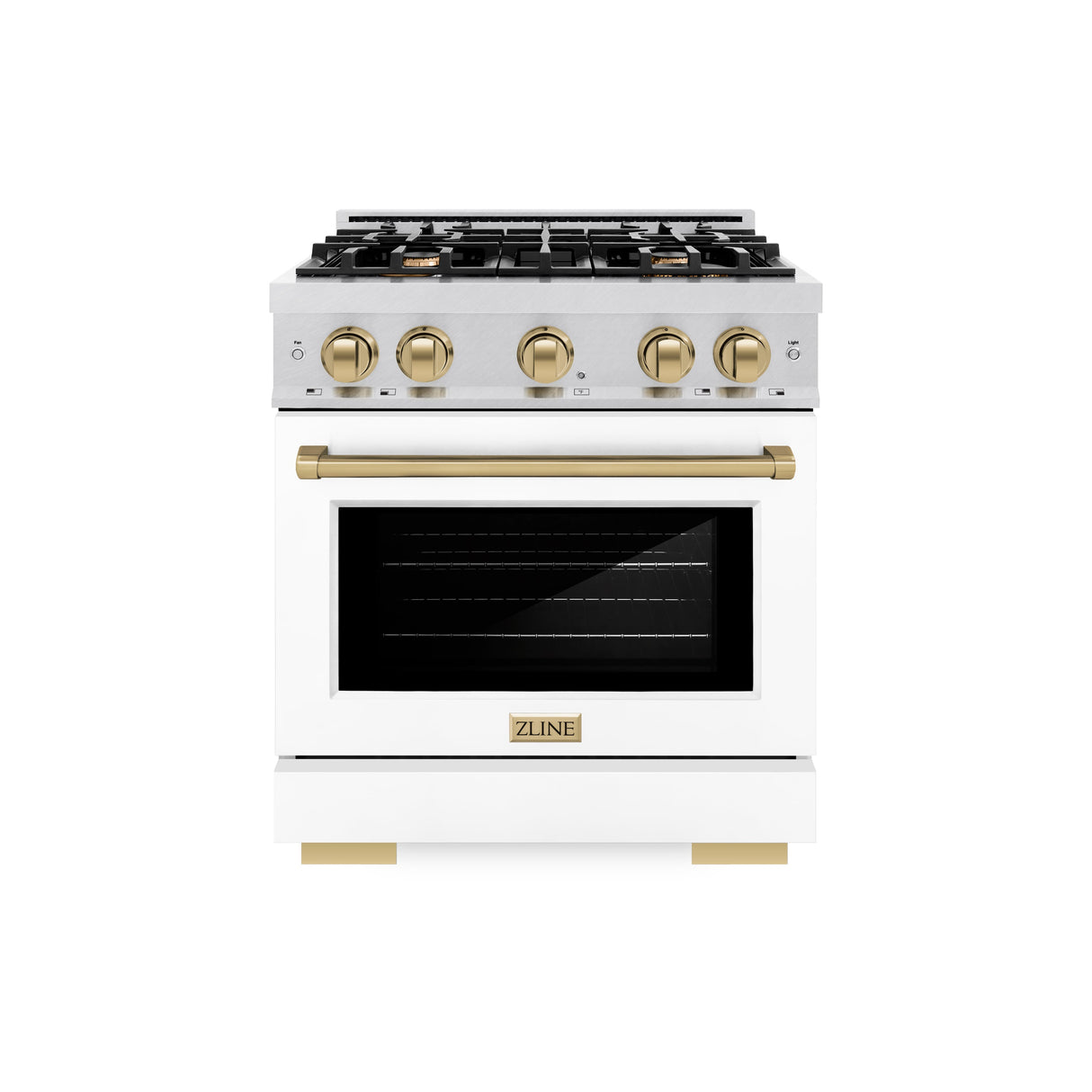 ZLINE Autograph Edition 30 in. 4.2 cu. ft. Select Dual Fuel Range with 4 Burner Gas Cooktop and Electric Convection Oven in Satin Stainless Steel with White Matte Door and Champagne Bronze Accents (HDRSZ-WM-30-CB)