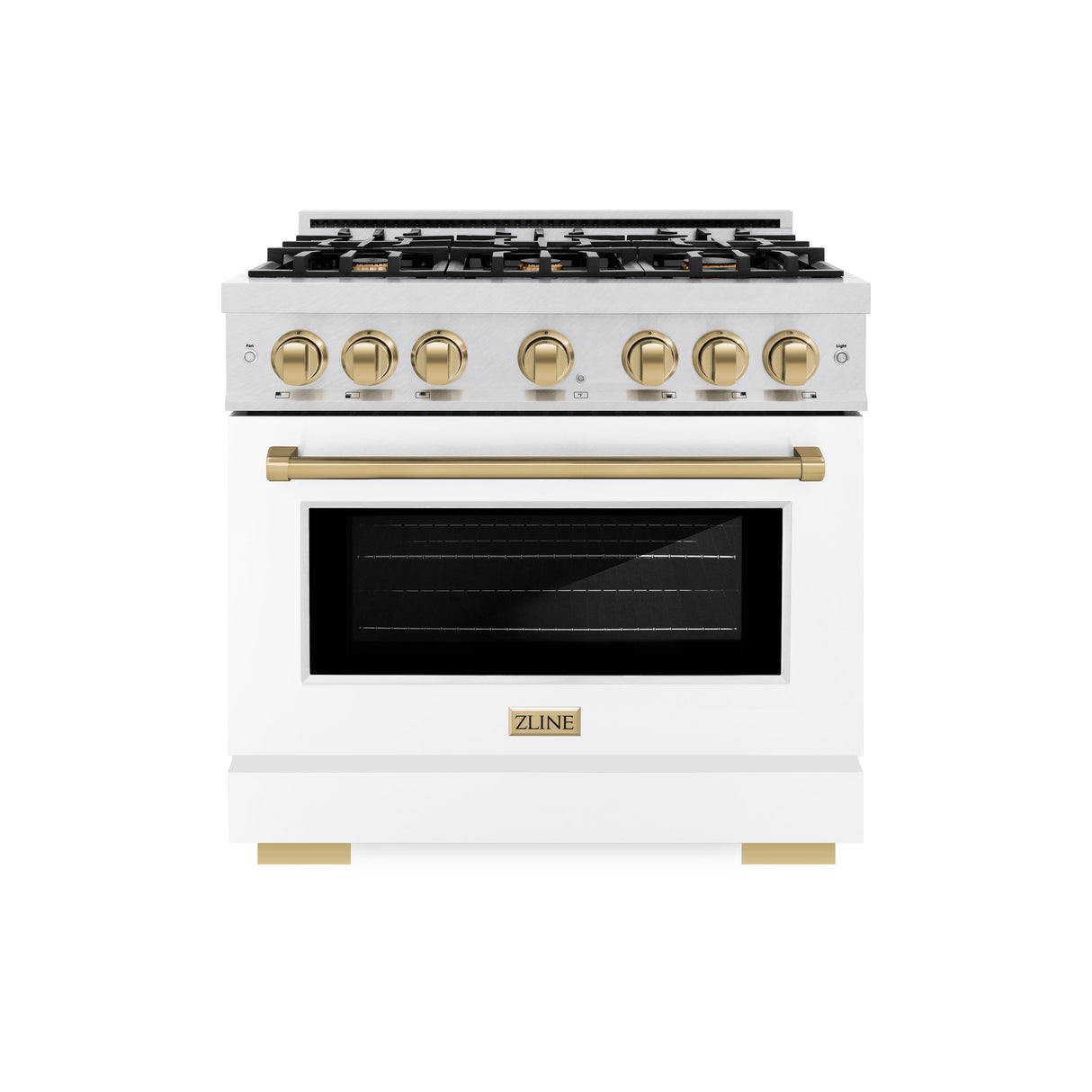 ZLINE Autograph Edition 36 in. 5.2 cu. ft. Select Dual Fuel Range with 6 Burner Gas Cooktop and Electric Convection Oven in Satin Stainless Steel with White Matte Door and Polished Gold Accents (HDRSZ-WM-36-G)