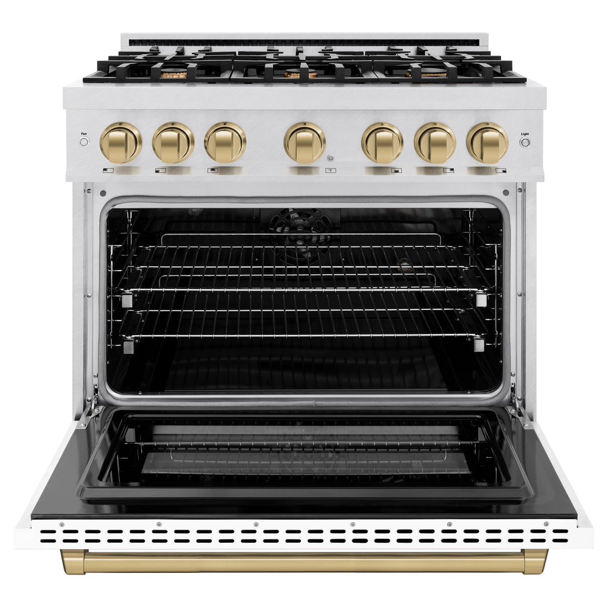 ZLINE Autograph Edition 36 in. 5.2 cu. ft. Select Dual Fuel Range with 6 Burner Gas Cooktop and Electric Convection Oven in Satin Stainless Steel with White Matte Door and Champagne Bronze Accents (HDRSZ-WM-36-CB)