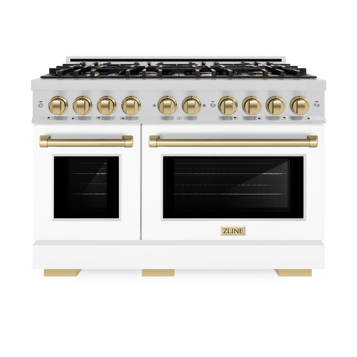 ZLINE Autograph Edition 48 in. 6.7 cu. ft. Select Double Oven Dual Fuel Range with 8 Burner Gas Cooktop in Satin Stainless Steel with White Matte Doors and Champagne Bronze Accents (HDRSZ-WM-48-CB)