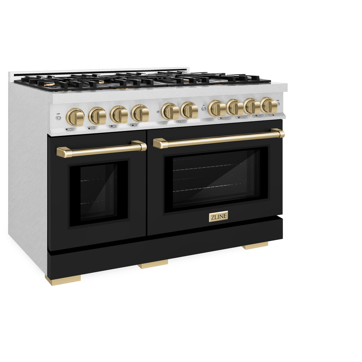 ZLINE Autograph Edition 48 in. 6.7 cu. ft. Select Double Oven Gas Range with 8 Burner Cooktop in Satin Stainless Steel with Black Matte Doors and Champagne Bronze Accents (HGRSZ-BLM-48-CB)
