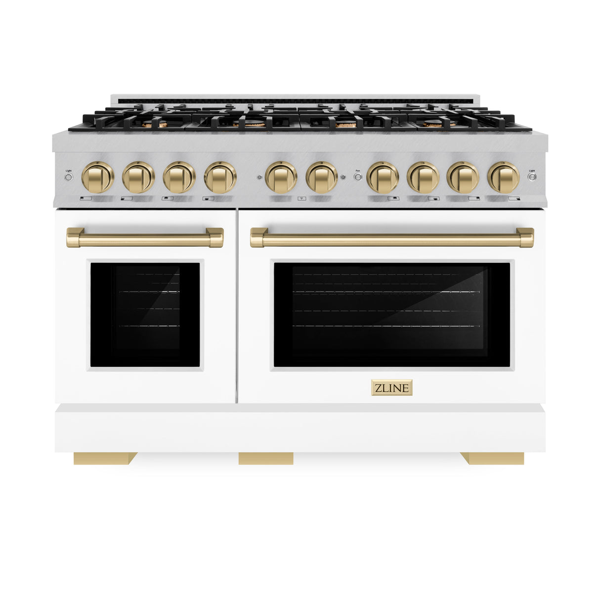 ZLINE Autograph Edition 48 in. 6.7 cu. ft. Select Double Oven Gas Range with 8 Burner Cooktop in Satin Stainless Steel with White Matte Doors and Champagne Bronze Accents (HGRSZ-WM-48-CB)