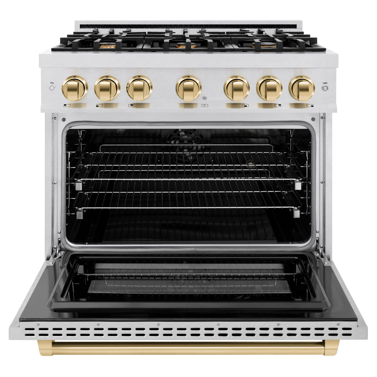 ZLINE Autograph Edition 36 in. 5.2 cu. ft. Select Dual Fuel Range with 6 Burner Gas Cooktop and Electric Convection Oven in Satin Stainless Steel with Polished Gold Accents (HDRSZ-36-G)