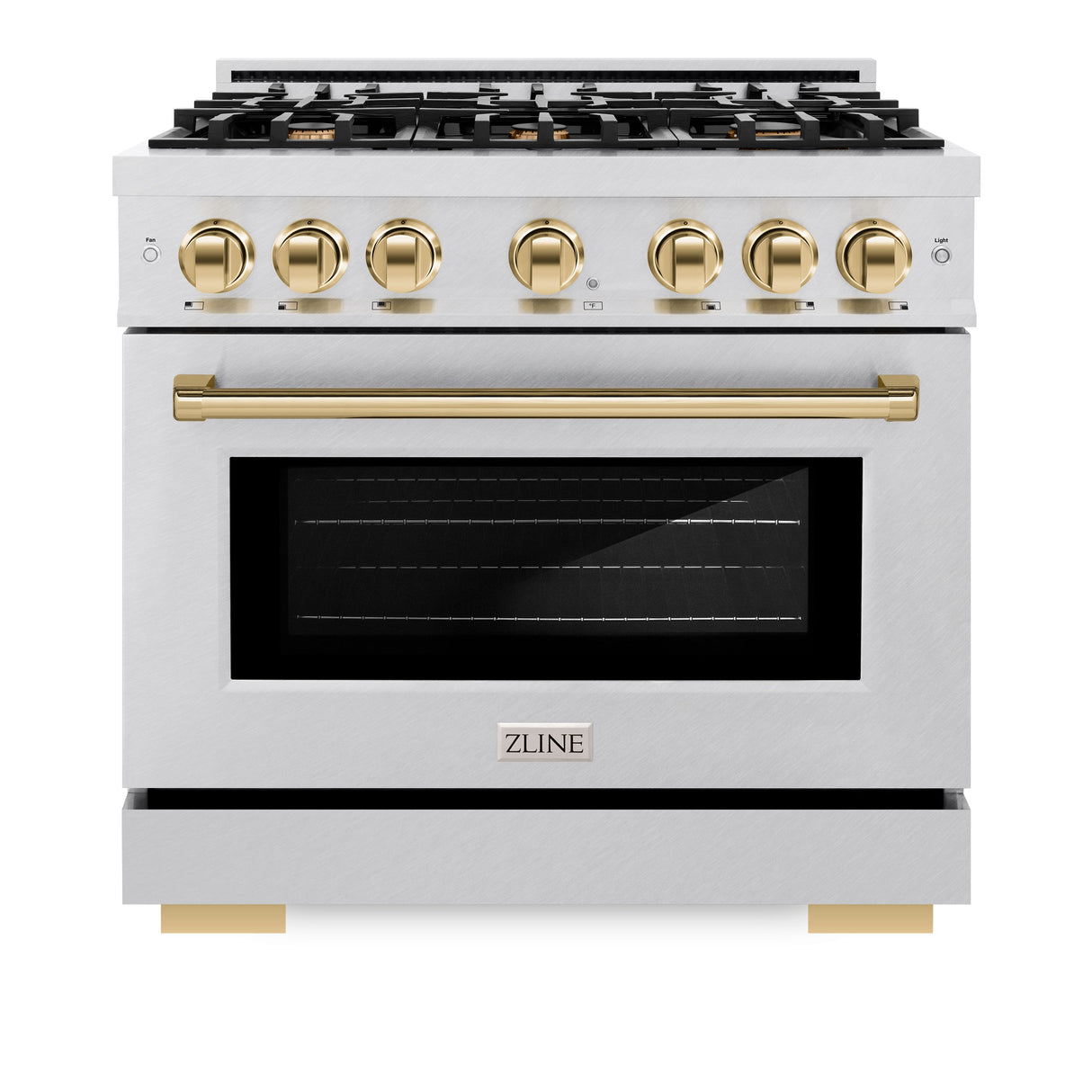 ZLINE Autograph Edition 36 in. 5.2 cu. ft. Select Dual Fuel Range with 6 Burner Gas Cooktop and Electric Convection Oven in Satin Stainless Steel with Polished Gold Accents (HDRSZ-36-G)