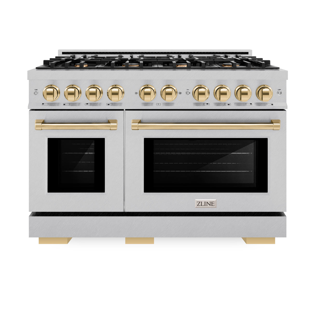 ZLINE Autograph Edition 48 in. 6.7 cu. ft. Select Double Oven Dual Fuel Range with 8 Burner Gas Cooktop in Satin Stainless Steel and Polished Gold Accents (HDRSZ-48-G)