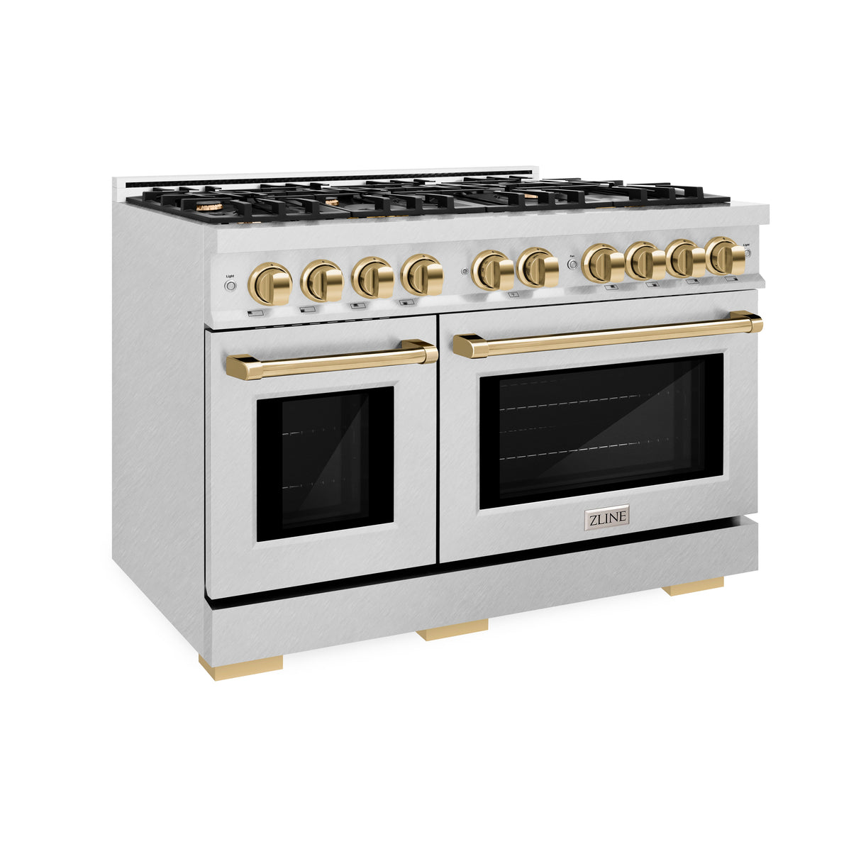 ZLINE Autograph Edition 48 in. 6.7 cu. ft. Select Double Oven Dual Fuel Range with 8 Burner Gas Cooktop in Satin Stainless Steel and Polished Gold Accents (HDRSZ-48-G)