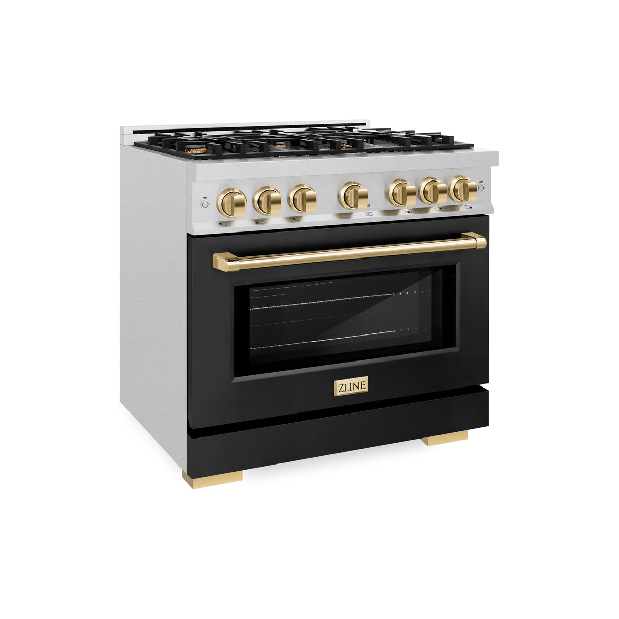 ZLINE Autograph Edition 36 in. 5.2 cu. ft. Select Dual Fuel Range with 6 Burner Gas Cooktop and Electric Convection Oven in Satin Stainless Steel with Black Matte Door and Polished Gold Accents (HDRSZ-BLM-36-G)