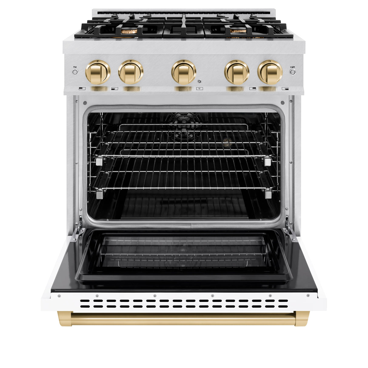 ZLINE Autograph Edition 30 in. 4.2 cu. ft. Select Dual Fuel Range with 4 Burner Gas Cooktop and Electric Convection Oven in Satin Stainless Steel with White Matte Door and Polished Gold Accents (HDRSZ-WM-30-G)