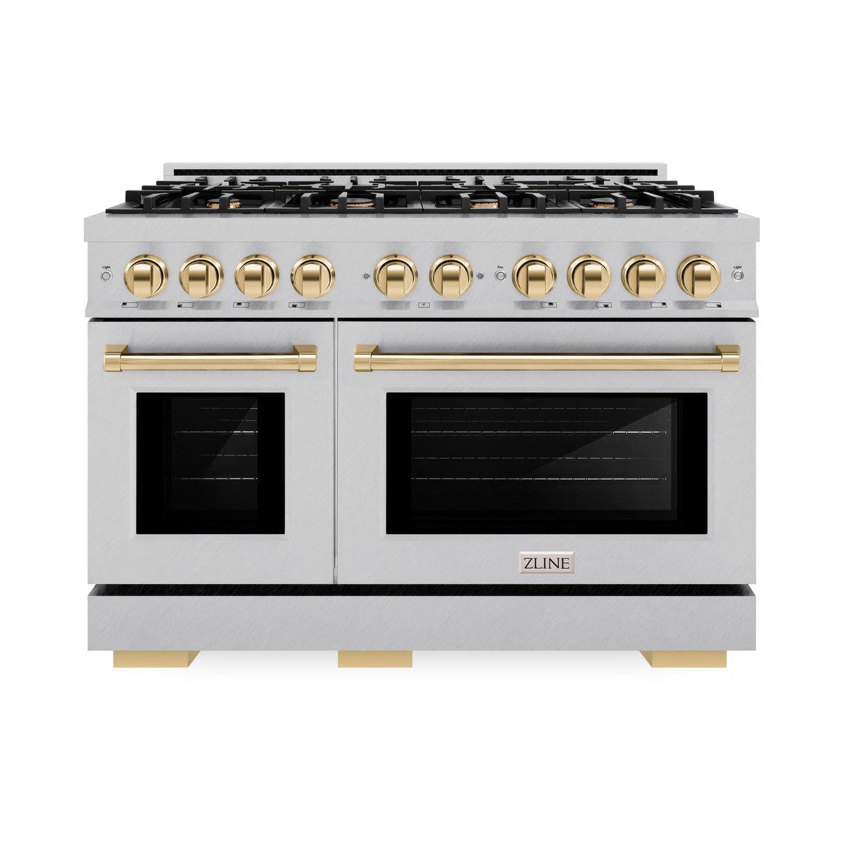 ZLINE Autograph Edition 48 in. 6.7 cu. ft. Select Double Oven Gas Range with 8 Burner Cooktop in Satin Stainless Steel and Polished Gold Accents (HGRSZ-48-G)