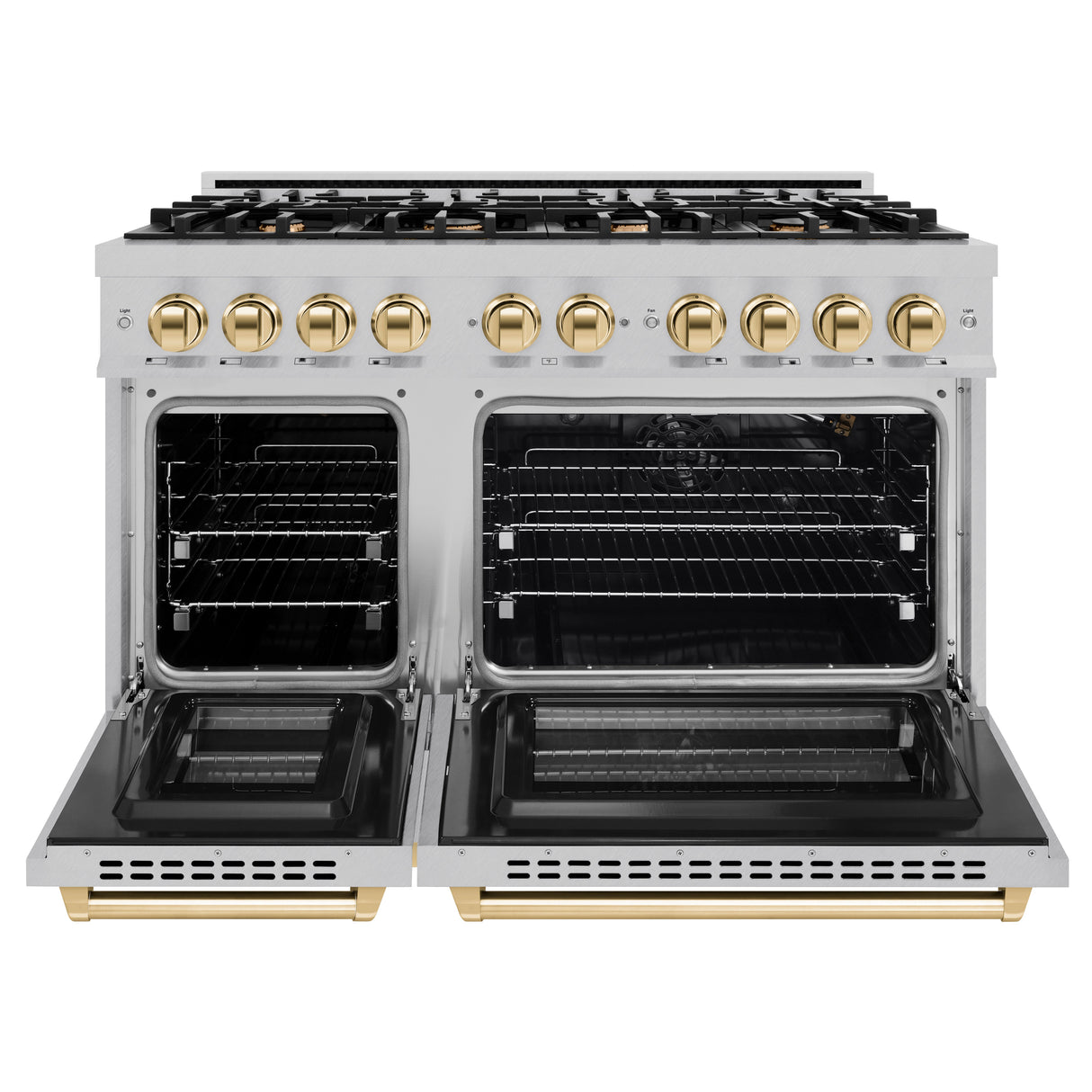 ZLINE Autograph Edition 48 in. 6.7 cu. ft. Select Double Oven Gas Range with 8 Burner Cooktop in Satin Stainless Steel and Polished Gold Accents (HGRSZ-48-G)