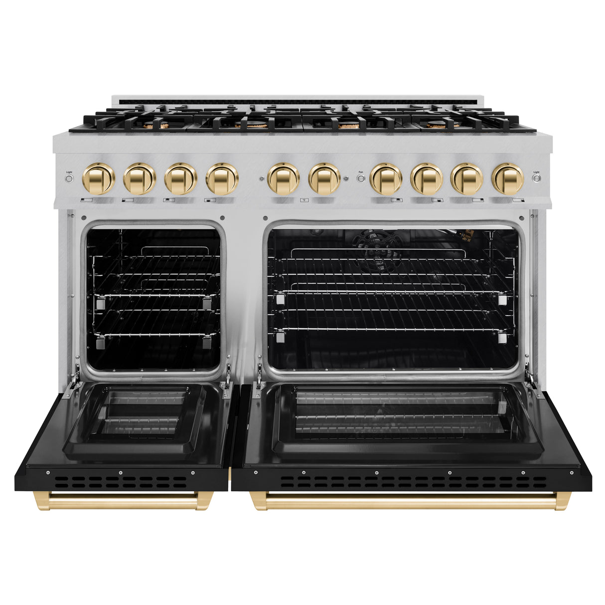 ZLINE Autograph Edition 48 in. 6.7 cu. ft. Select Double Oven Gas Range with 8 Burner Cooktop in Satin Stainless Steel with Black Matte Doors and Polished Gold Accents (HGRSZ-BLM-48-G)