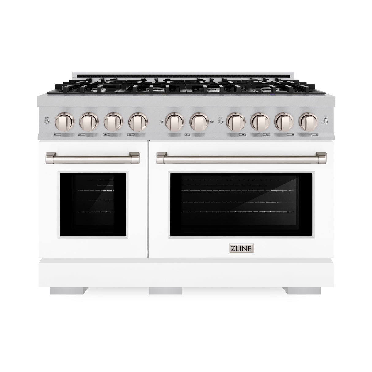 ZLINE 48 in. 6.7 cu. ft. Select Double Oven Gas Range with 8 Burner Cooktop in Satin Stainless Steel with White Matte Doors (HGRS-WM-48)