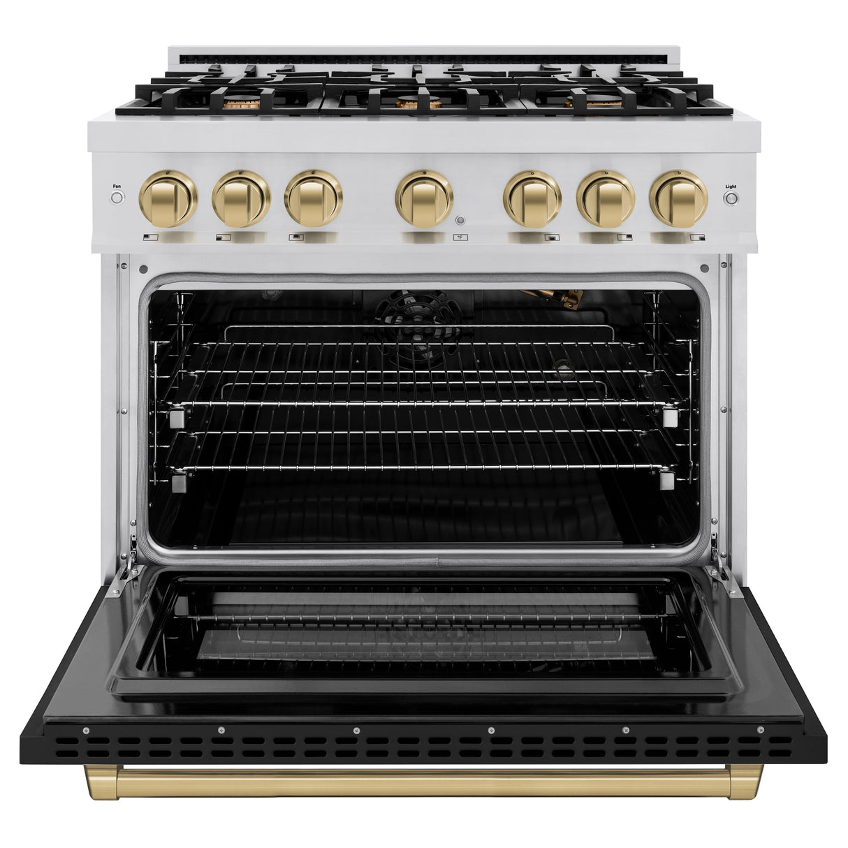 ZLINE Autograph Edition 36 in. 5.2 cu. ft. Select Gas Range with 6 Burner Cooktop and Convection Gas Oven in Stainless Steel with Black Matte Door and Champagne Bronze Accents (HGRZ-BLM-36-CB)