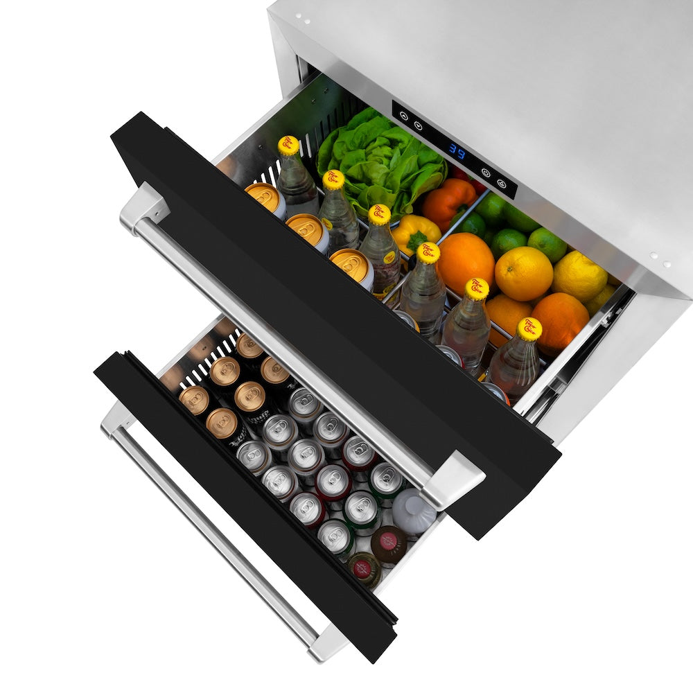 ZLINE 24 in. Touchstone 168 Can Outdoor-Rated Dual Refrigerator Drawer with Black Matte Doors (RDSO-BLM-24)