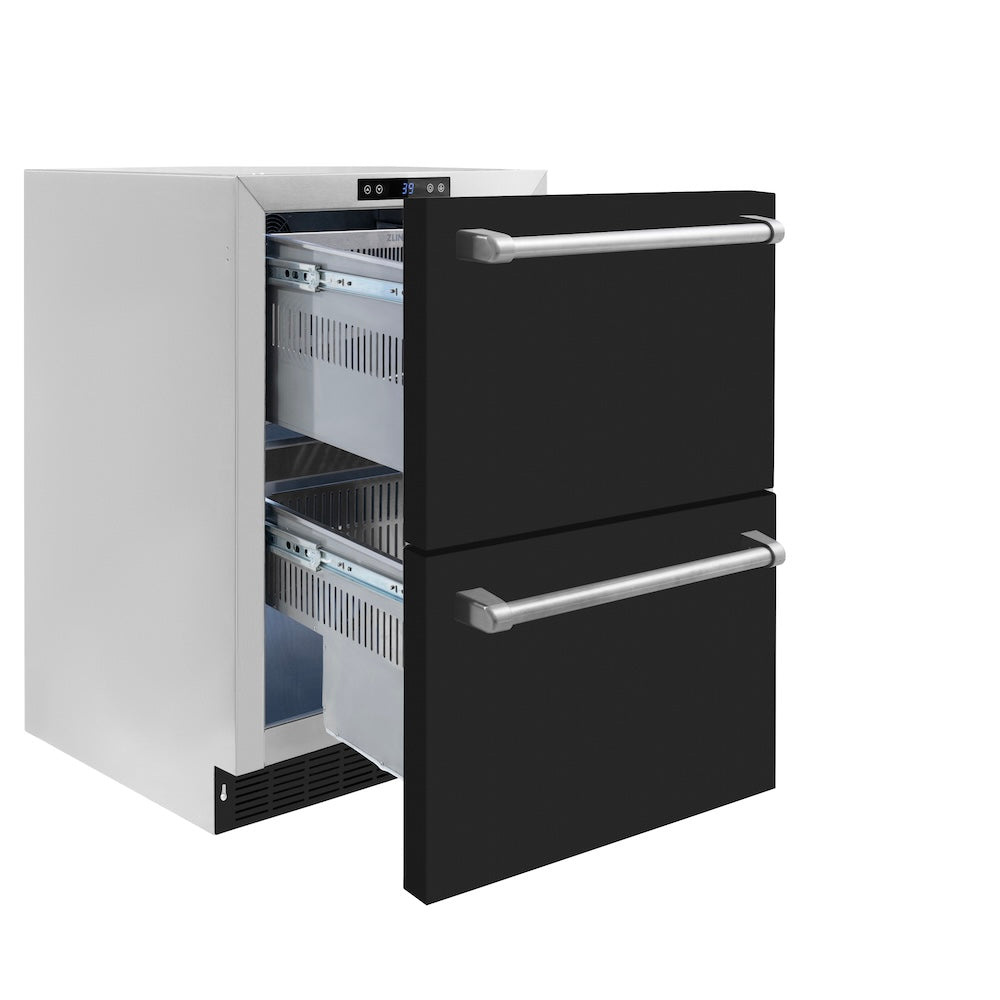 ZLINE 24 in. Touchstone 168 Can Outdoor-Rated Dual Refrigerator Drawer with Black Matte Doors (RDSO-BLM-24)