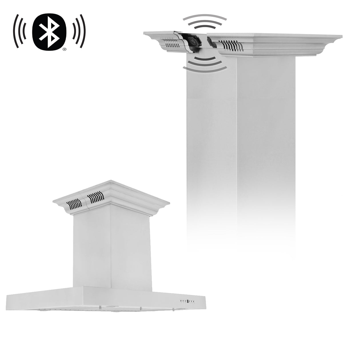 36" ZLINE CrownSound™Ducted Vent Island Mount Range Hood in Stainless Steel with Built-in Bluetooth Speakers (KE2iCRN-BT-36)