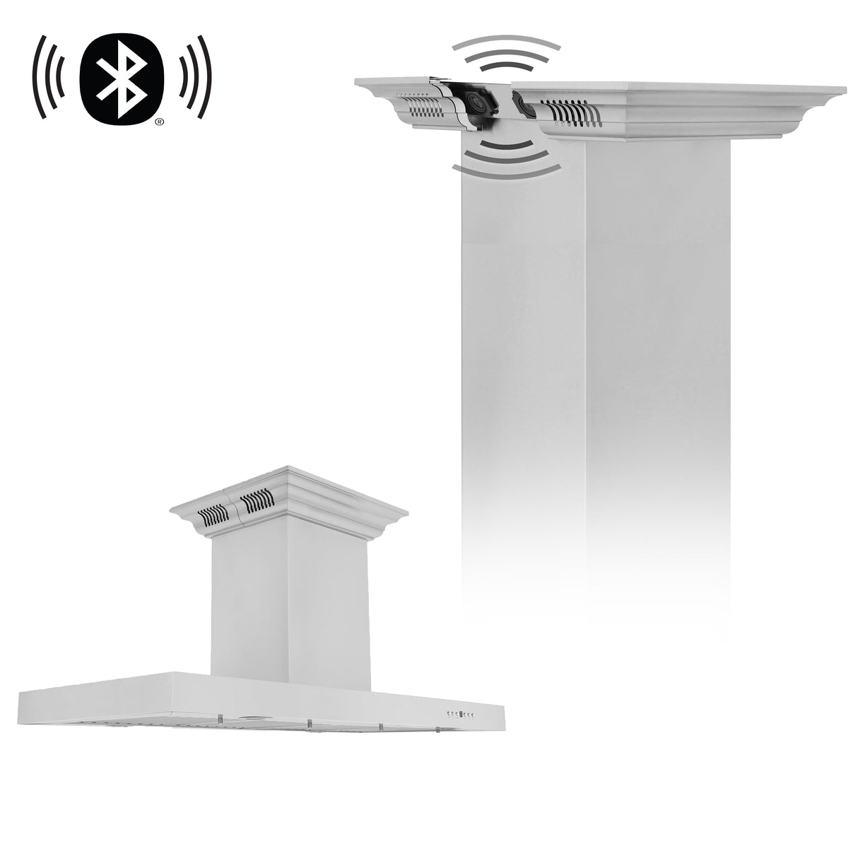 30" ZLINE CrownSound™Ducted Vent Island Mount Range Hood in Stainless Steel with Built-in Bluetooth Speakers (KE2iCRN-BT-30)