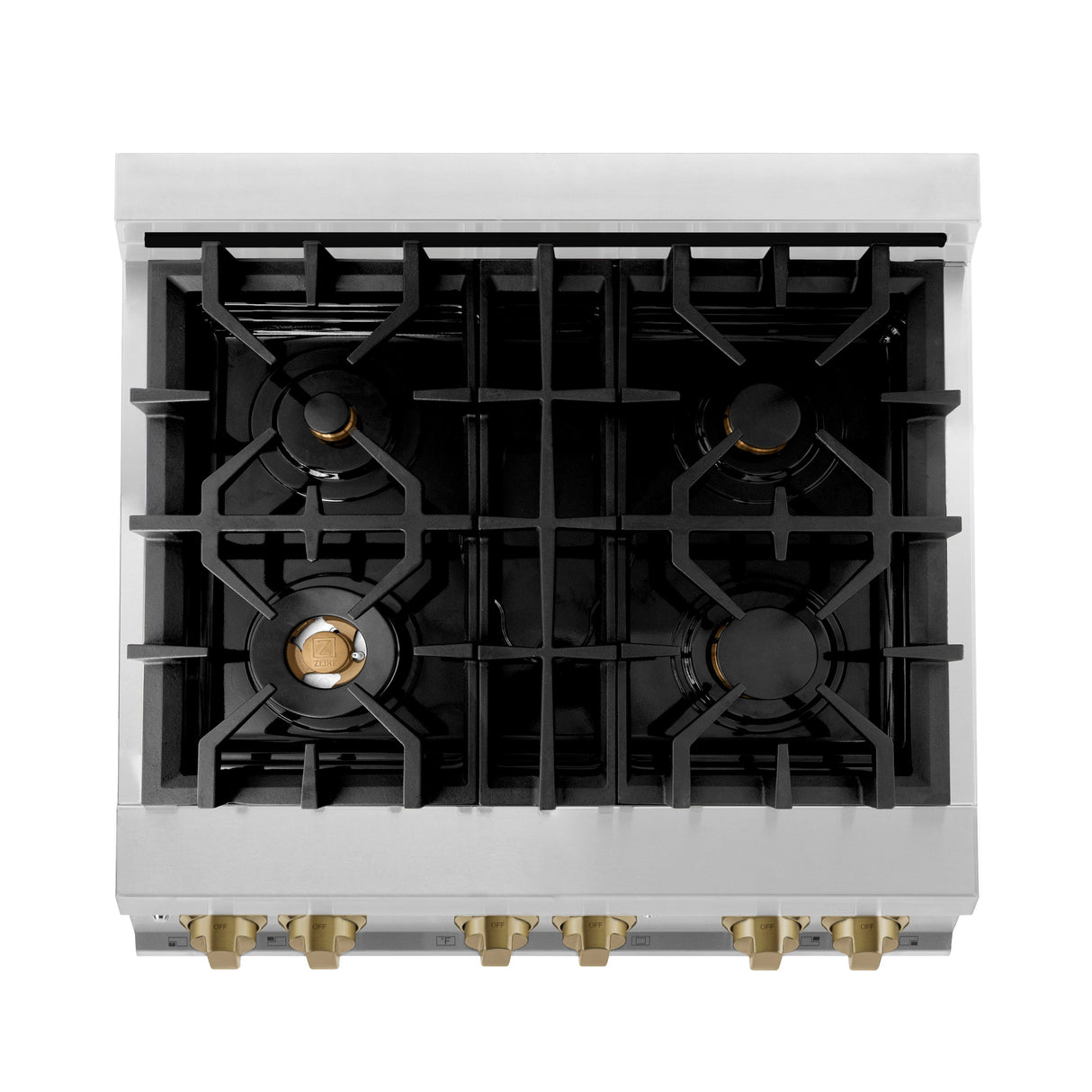 ZLINE Autograph Edition 30 in. 4.0 cu. ft. Legacy Dual Fuel Range with 4 Burner Gas Cooktop and Electric Convection Oven in Stainless Steel with White Matte Door and Champagne Bronze Accents (RAZ-WM-30-CB)