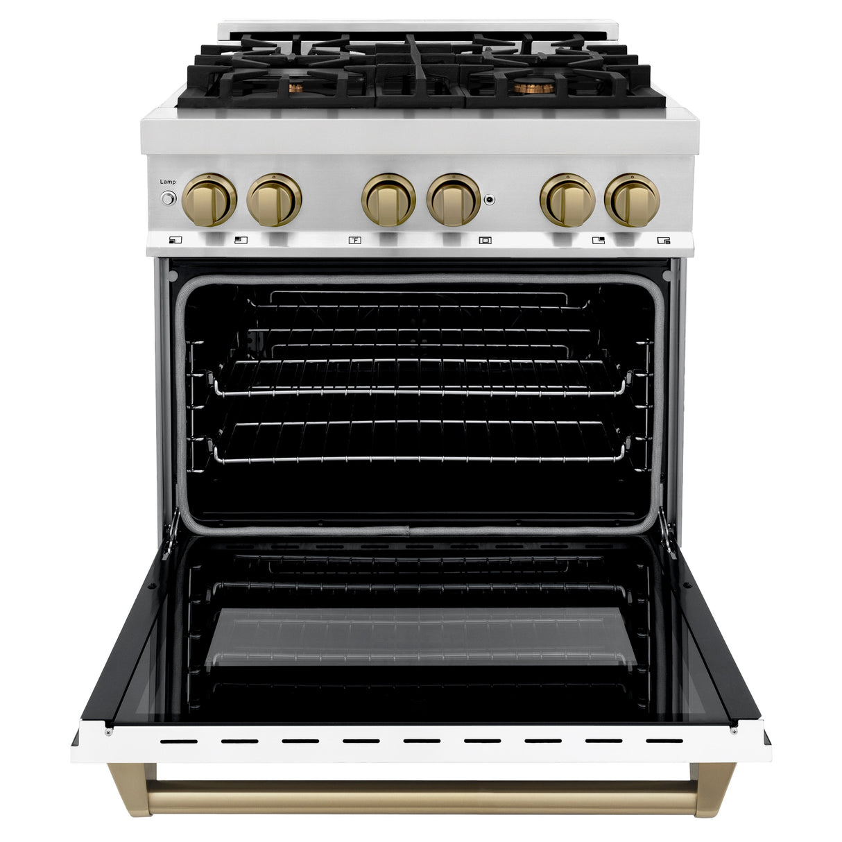 ZLINE Autograph Edition 30 in. 4.0 cu. ft. Legacy Dual Fuel Range with 4 Burner Gas Cooktop and Electric Convection Oven in Stainless Steel with White Matte Door and Champagne Bronze Accents (RAZ-WM-30-CB)