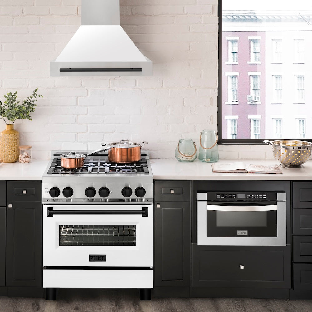 ZLINE Autograph Edition 30" Stainless Steel Range Hood with White Matte Shell and Matte Black Handle (8654STZ-WM30-MB)