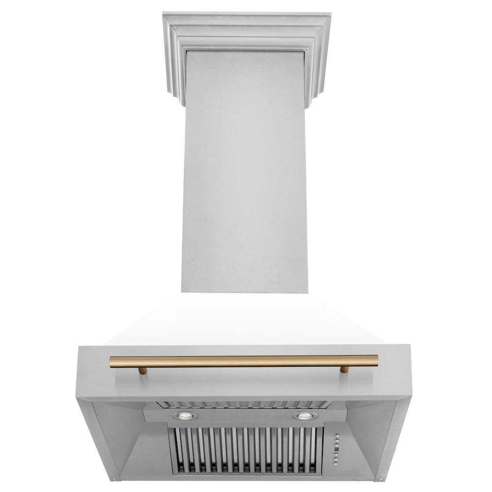 ZLINE Autograph Edition 30" Stainless Steel Range Hood with White Matte Shell and Champagne Bronze Handle (8654STZ-WM30-CB)
