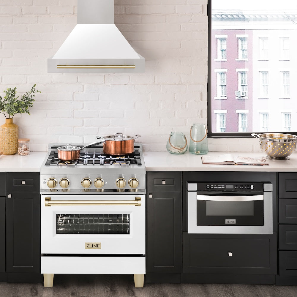 ZLINE Autograph Edition 30" Stainless Steel Range Hood with White Matte Shell and Polished Gold Handle (8654STZ-WM30-G)