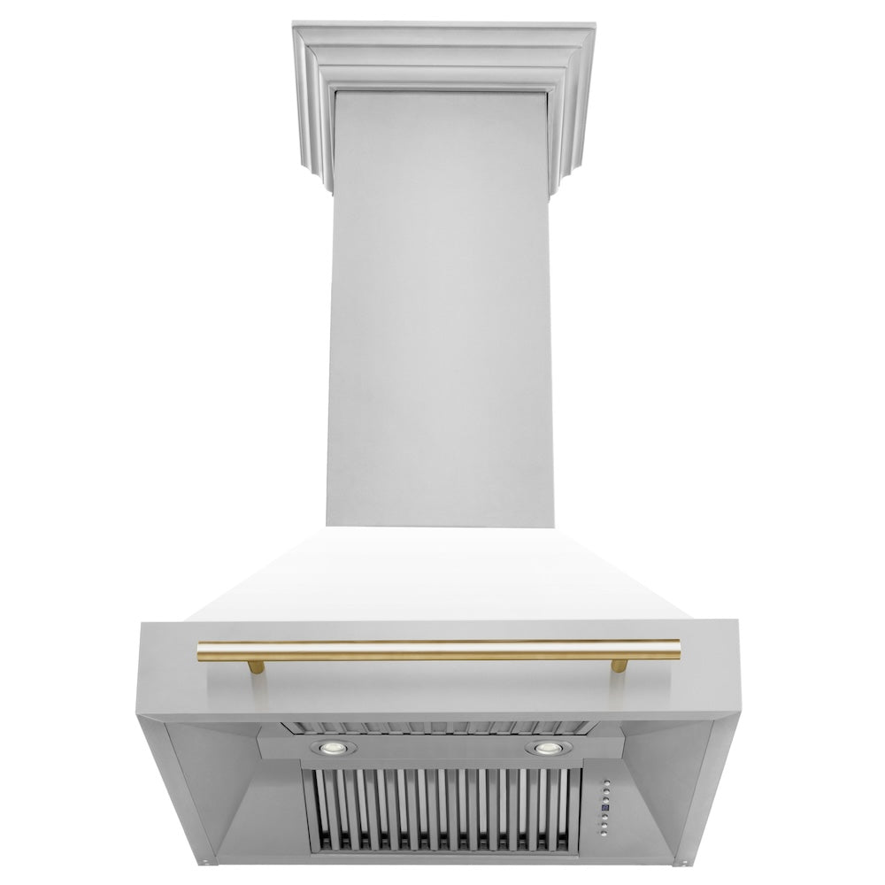 ZLINE Autograph Edition 30" Stainless Steel Range Hood with White Matte Shell and Polished Gold Handle (8654STZ-WM30-G)