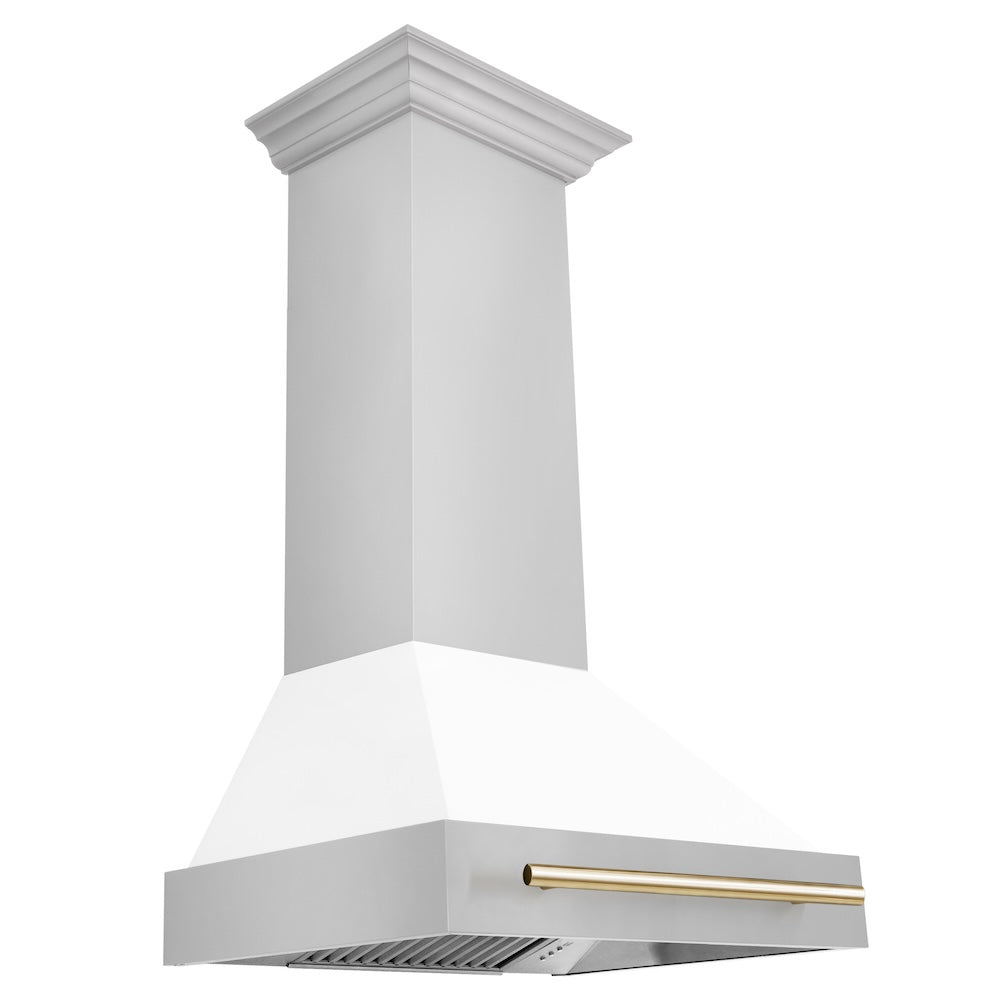 ZLINE Autograph Edition 30" Stainless Steel Range Hood with White Matte Shell and Polished Gold Handle (8654STZ-WM30-G)
