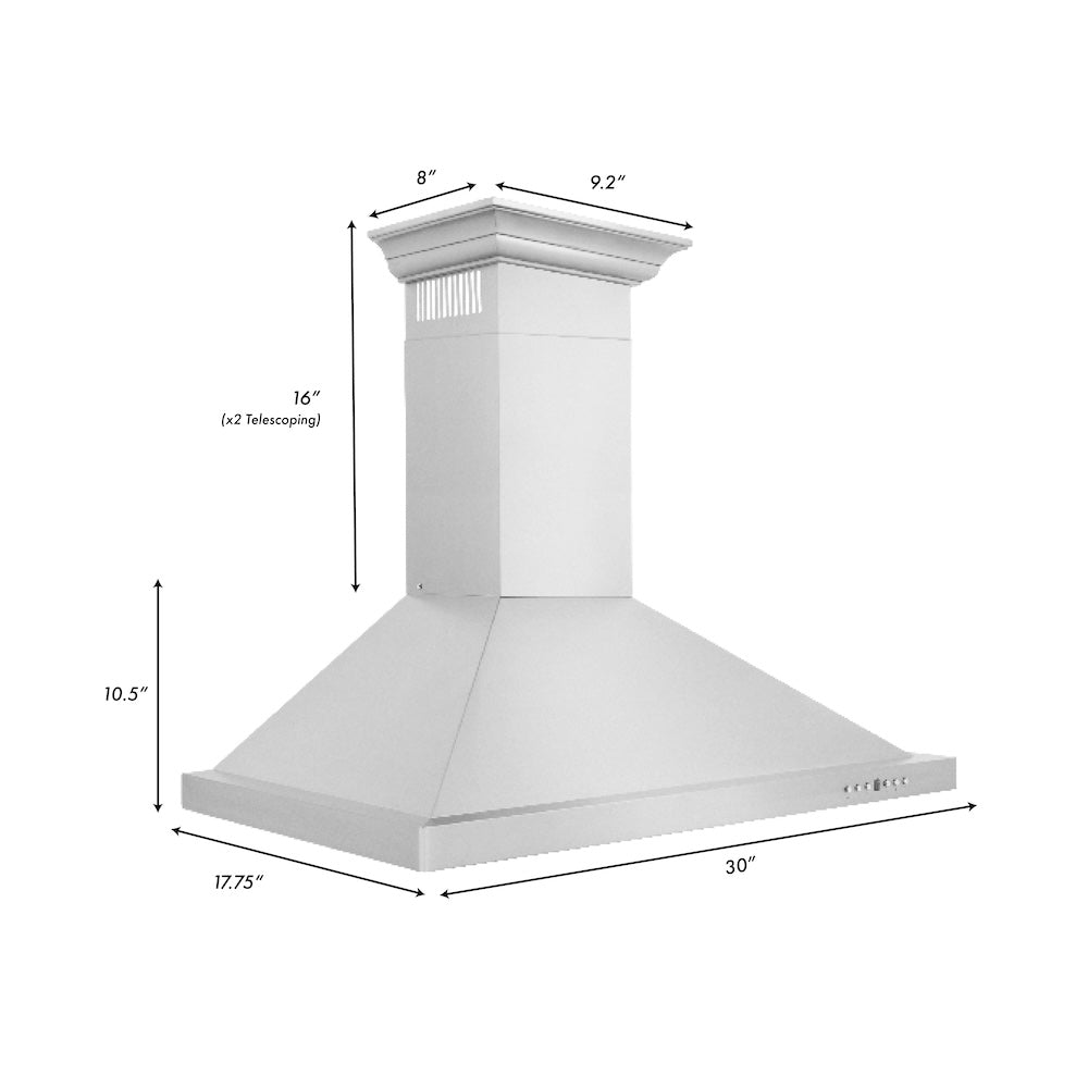 ZLINE 30" Convertible Vent Wall Mount Range Hood in Stainless Steel with Crown Molding (KBCRN-30)