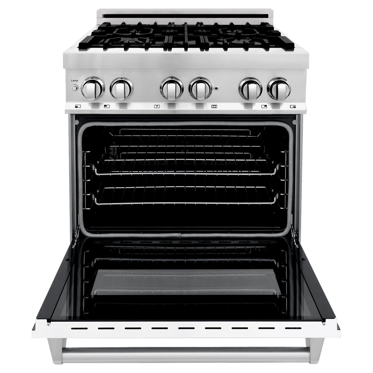 ZLINE 30 in. 4.0 cu. ft. Legacy Dual Fuel Range with 4 Burner Gas Cooktop and Electric Convection Oven in Stainless Steel with Griddle and White Matte Door (RA-WM-GR-30)