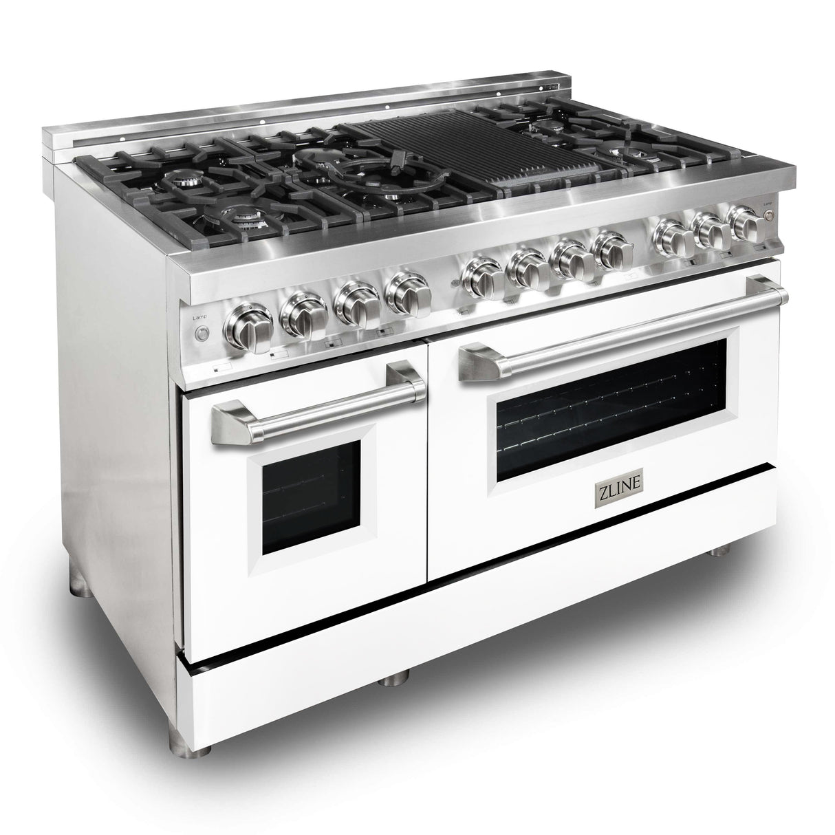 ZLINE 48 in. 6.0 cu. ft. Legacy Dual Fuel Range with 7 Burner Gas Cooktop and 2 Electric Ovens in Stainless Steel with Griddle and White Matte Doors (RA-WM-GR-48)