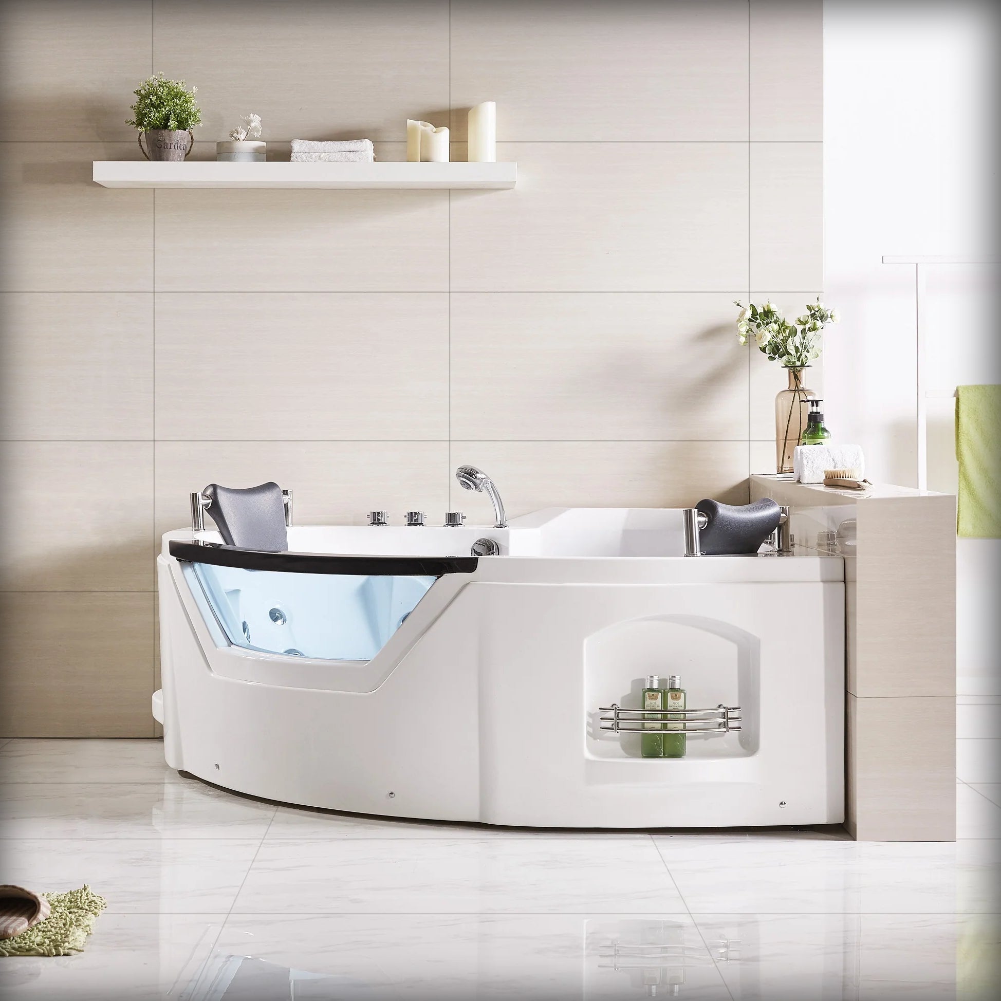 61 in. Acrylic Whirlpool Corner Bathtub 2 Person Hydromassage Soaking