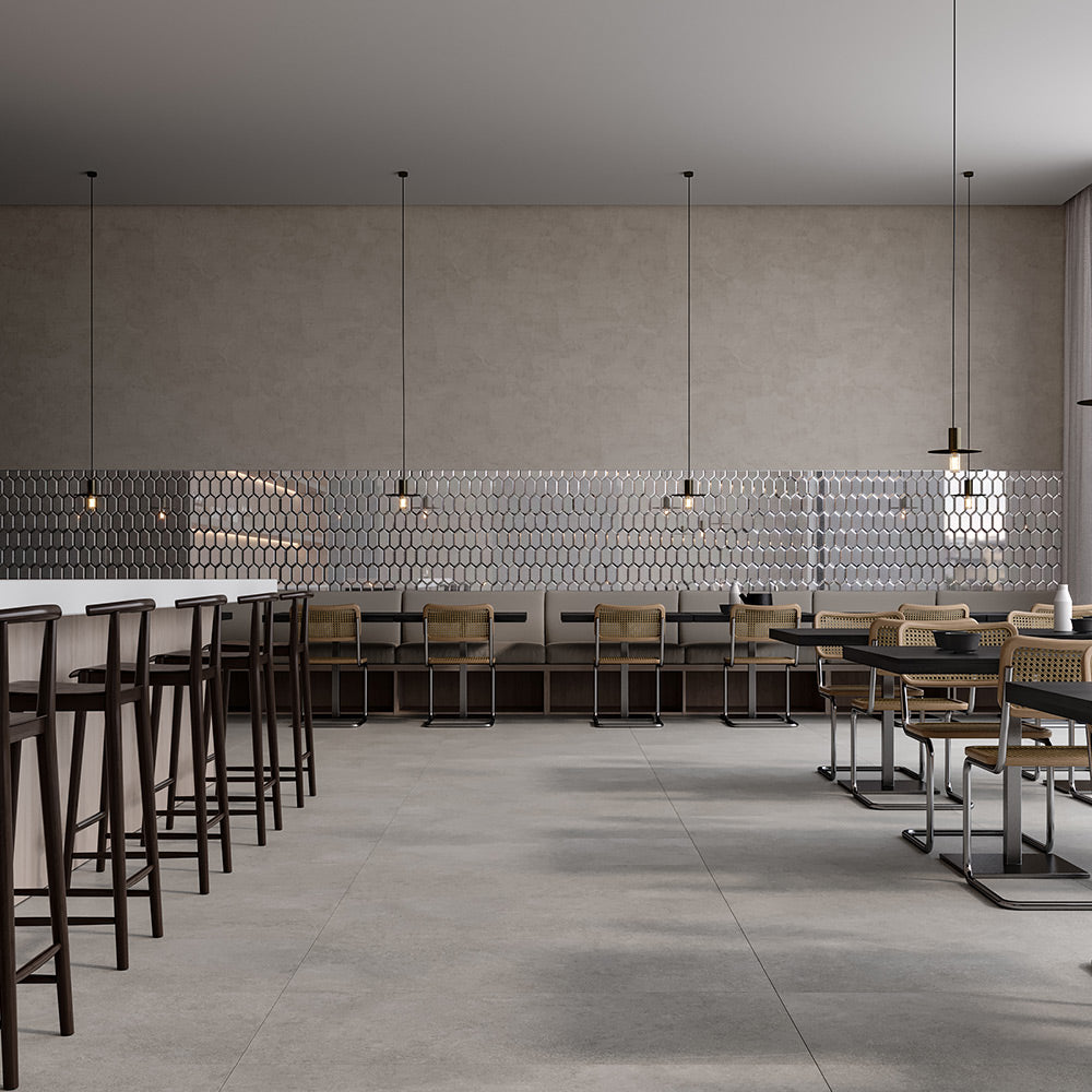 Obsidian Glossy Glass Antique Silver Beveled Hexagon Mosaic