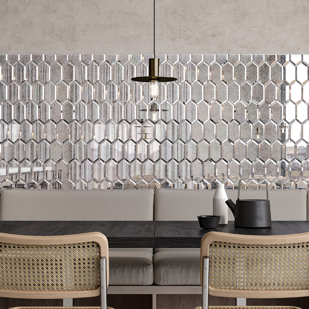 Obsidian Glossy Glass Antique Silver Beveled Hexagon Mosaic